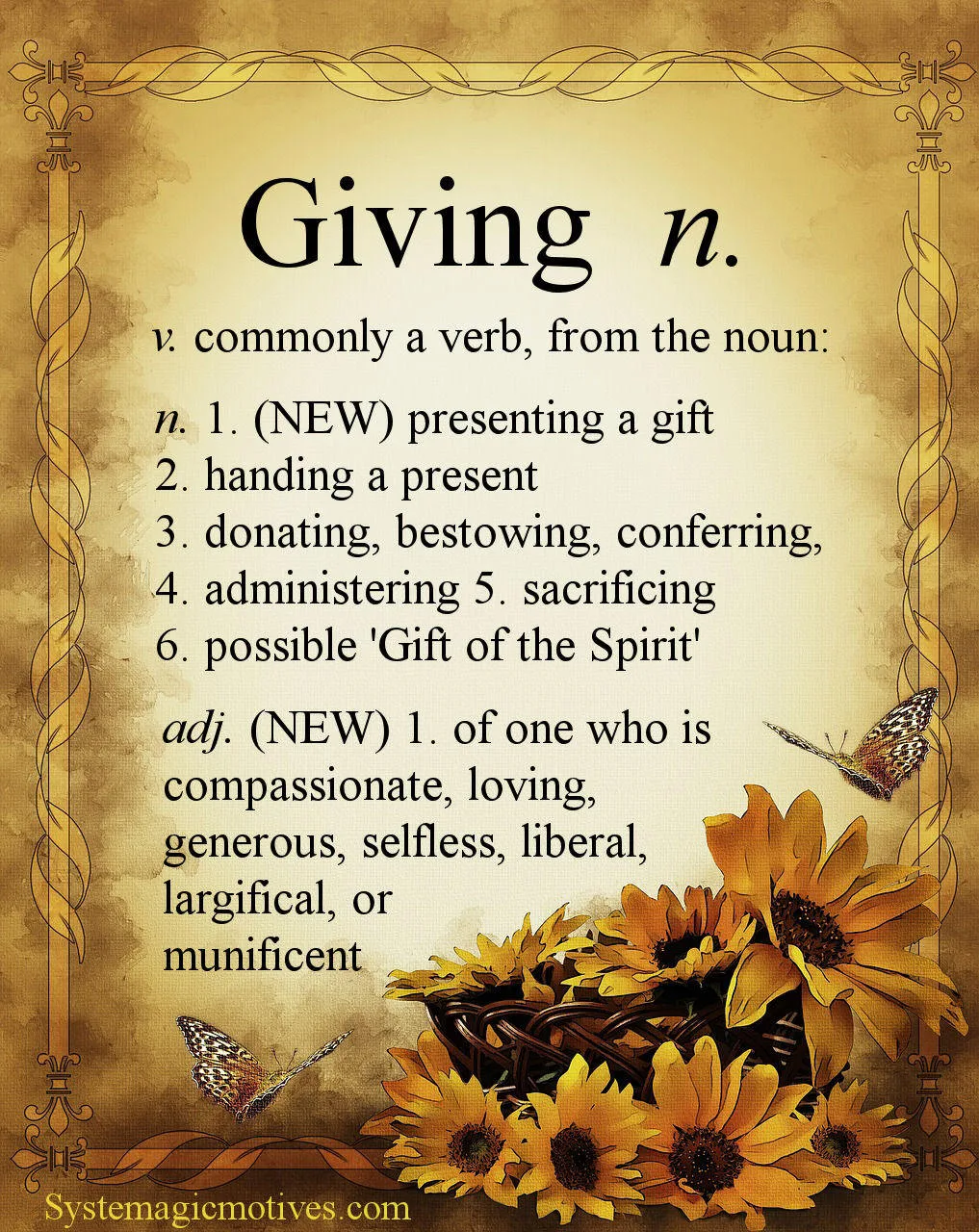 The definition of 'Giving' as a verb, noun or adjective