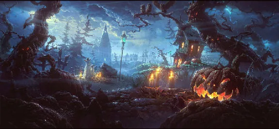 Spooky Halloween scene with eerie lighting, gnarly trees, Jack-o-lantern and Victorian village