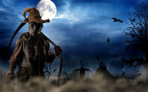 cary-looking scarecrow, at night, carrying a sythe on his shoulder