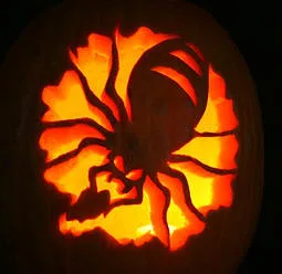 Halloween pumpkin carved cut-out of a spider silhouette aglow at night